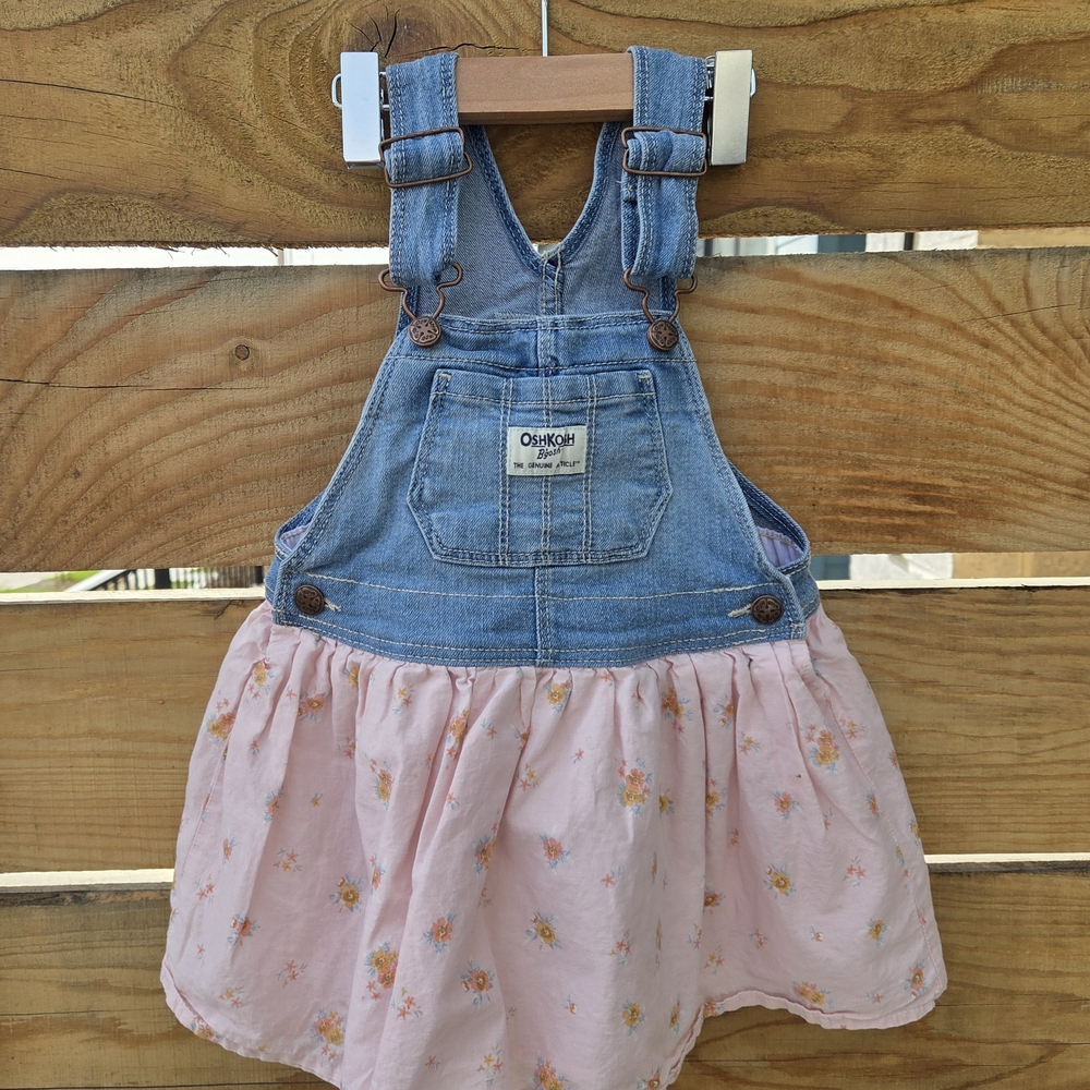 OshKosh B'gosh Denim Bib Overall Dress with Pink Floral Skirt